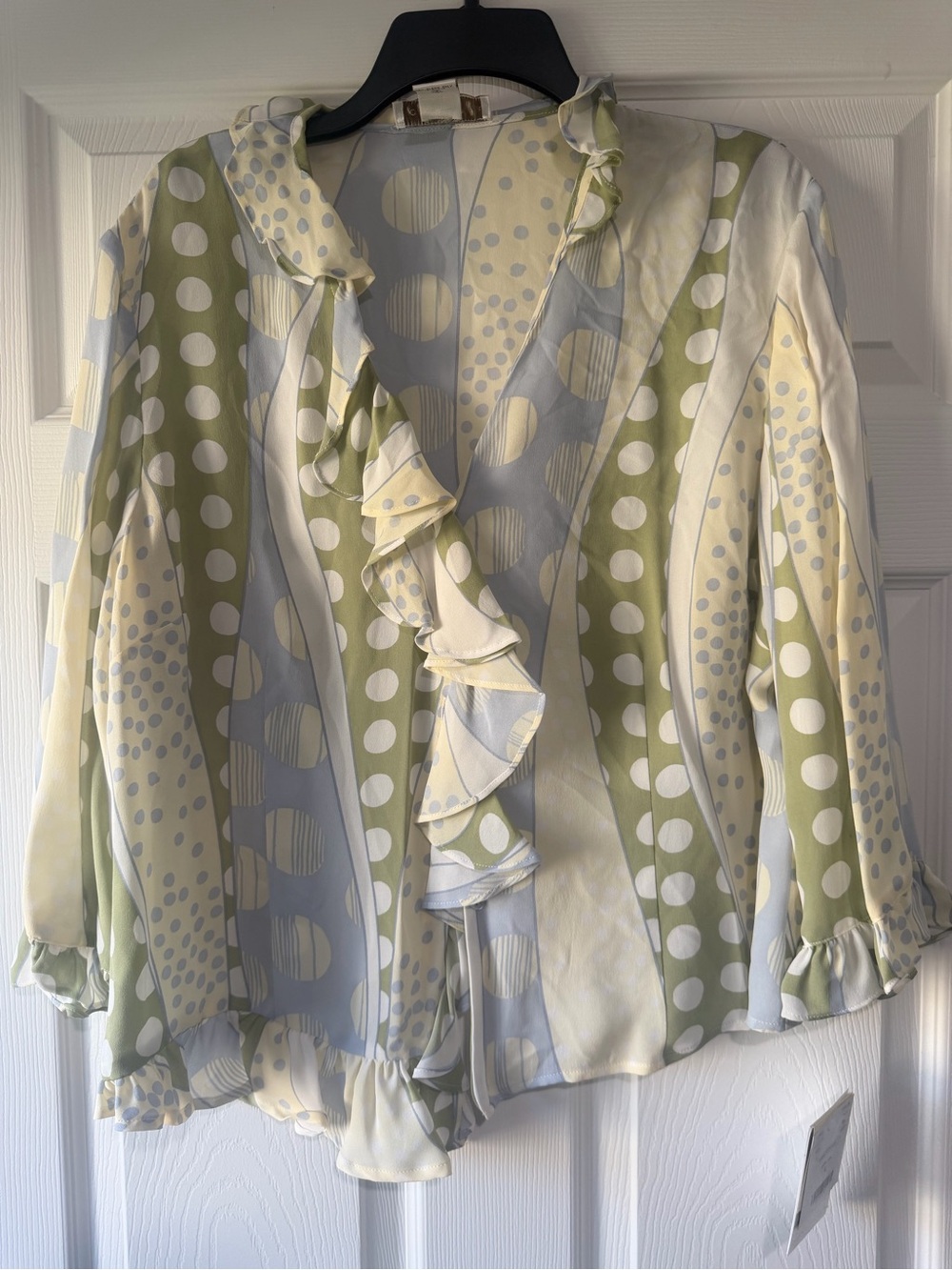 Doncaster Polka Dot Ruffle-Front blouse in Light Green, Blue & Cream 100% silk